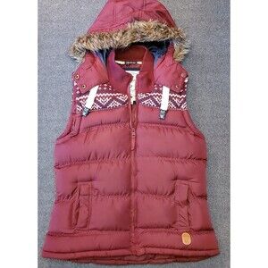 Tokyo Laundry Outfitters Fair Isle Puffer Vest Medium Burgundy Hooded Faux Fur M